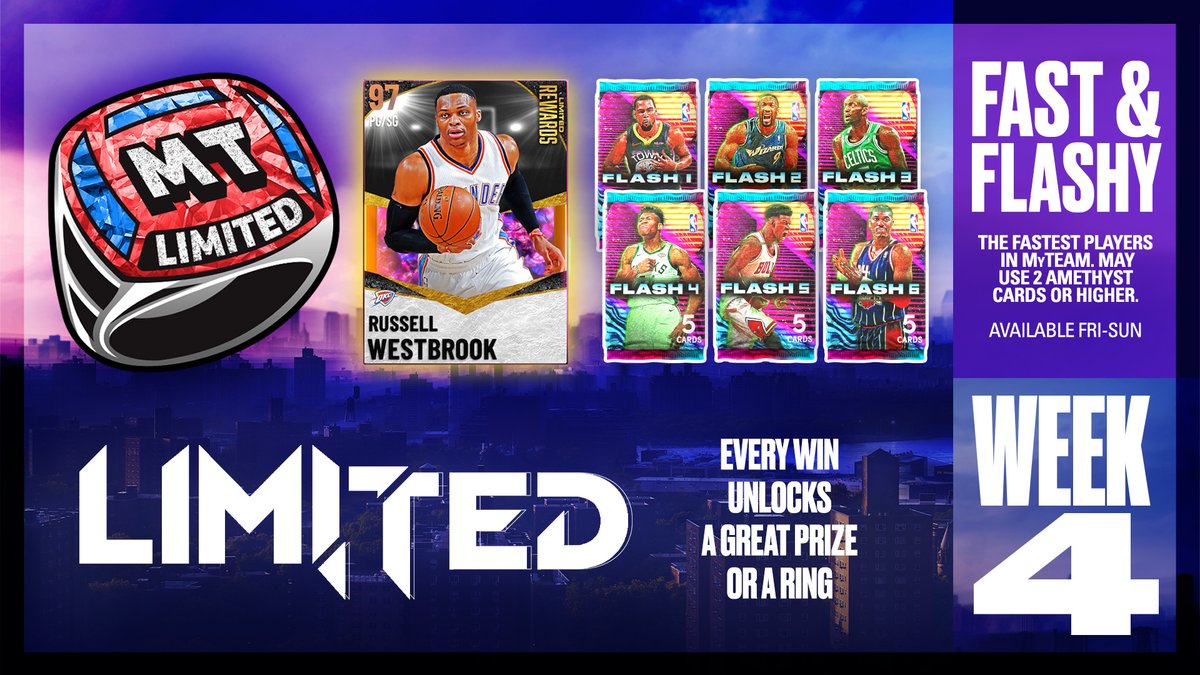 NBA2KMyTEAM's tweet photo. It's week 4 of MyTEAM Limited ⏱️ This weekend, you must use the fastest players in MyTEAM, and you can only use 2 Amethyst player cards or higher. https://t.co/o9IujGgAAt