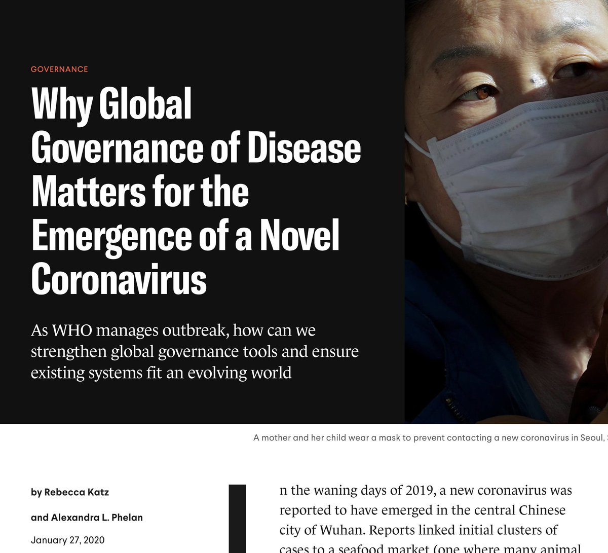 Today,  @ThinkGlobalHlth is celebrating its one year anniversary.  @RebeccaKatz5 & I were fortunate enough to be invited to write a piece for this new  @CFR_org blog, led by  @TomBollyky. Some reflections from that piece on why global governance matters. https://www.thinkglobalhealth.org/article/why-global-governance-disease-matters-emergence-novel-coronavirus