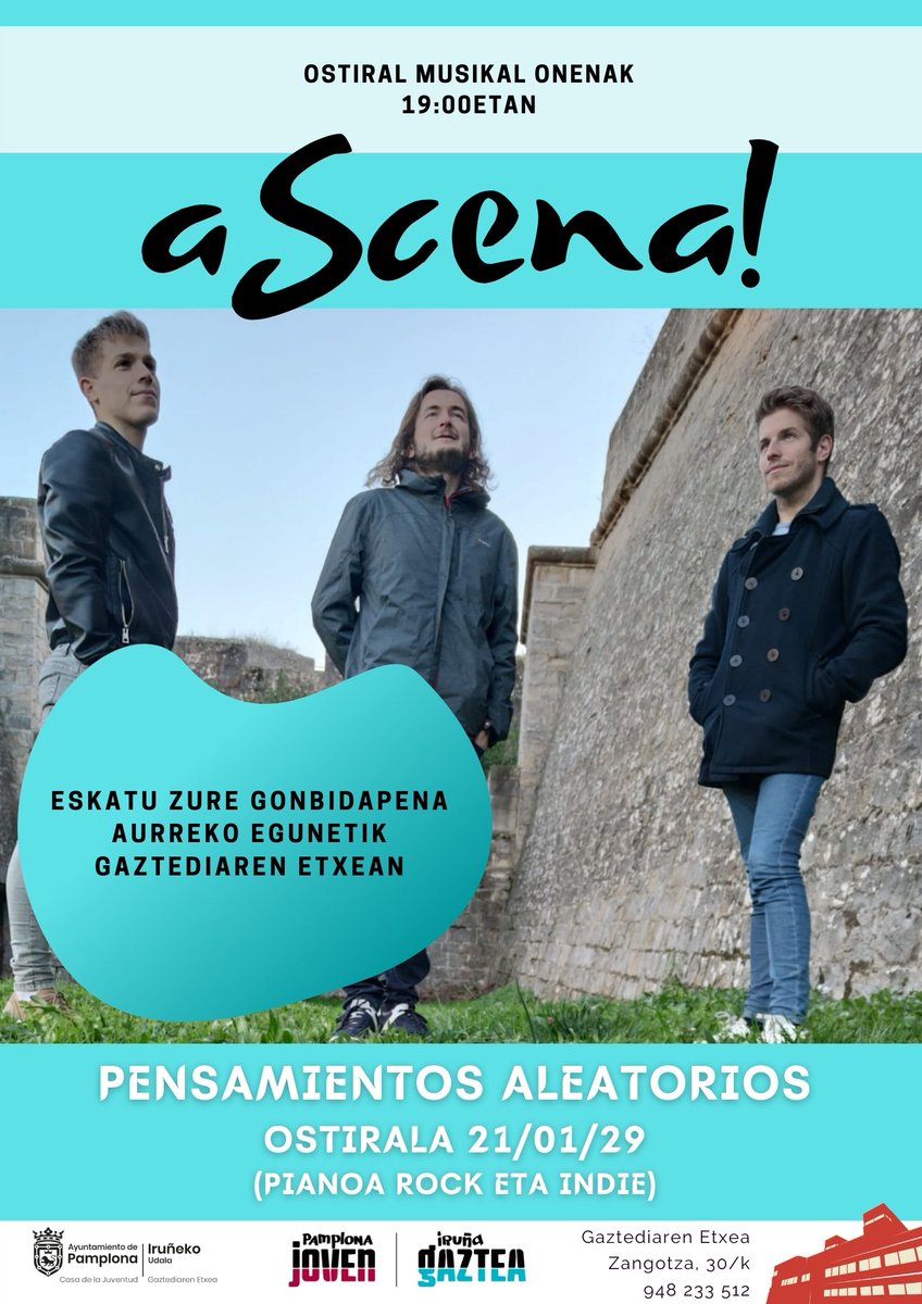 IrunaGaztea's tweet photo. 🎟Arratsalde honetarako oraindik gelditzen dira gonbidapenak!
🎤Ez galdu hurrengo “aScena!”kontzertua:
🎸“Pensamientos Aleatorios”, (piano rock eta indie).
🕖19:00etan.
😷Segurtasun neurri guztiekin!
🤩Ez galdu Gaztediaren Etxeko ekintzak.
#GaztediarenEtxea #aScena! #konzertua https://t.co/lhG91fIlYz