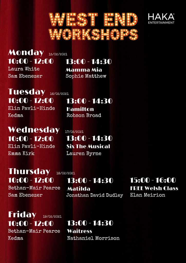 Here's the line-up for West End Workshops day 2 and as you'll see, we've got a jam packed day in store with dance and vocals with Aberystwyth's own <a href="/ElinPH/">Elin Pavli-Hinde</a> and <a href="/Kedma_Macias/">Kedma Macias</a> before a Hamilton masterclass with <a href="/robson_broad/">Robson Broad</a>. What's not to like?!💚

#HakaWestEnd #supportthearts 🎭