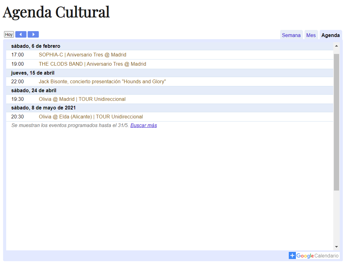 Amigos, hemos agregado en la web una página con la agenda cultural que nos va llegando. De momento reflejados los conciertos de 
<a href="/sophiacband/">SOPHIA-C</a> y <a href="/ClodsBand/">The Clods Band</a> en el tercer aniversario de <a href="/musichunters_es/">MusicHunters</a>, <a href="/jackbisonte/">Jack Bisonte</a> y el Tour de <a href="/oliviarockband/">OLIVIA</a>. Pásate!!
undiaunacancion.es/agenda-cultura…