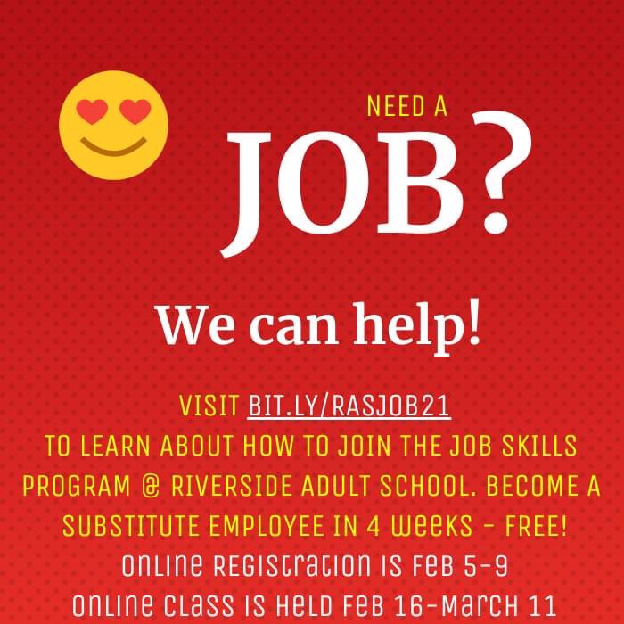 Need a job? Bit.ly/RASJOB21      #adulteducationmatters