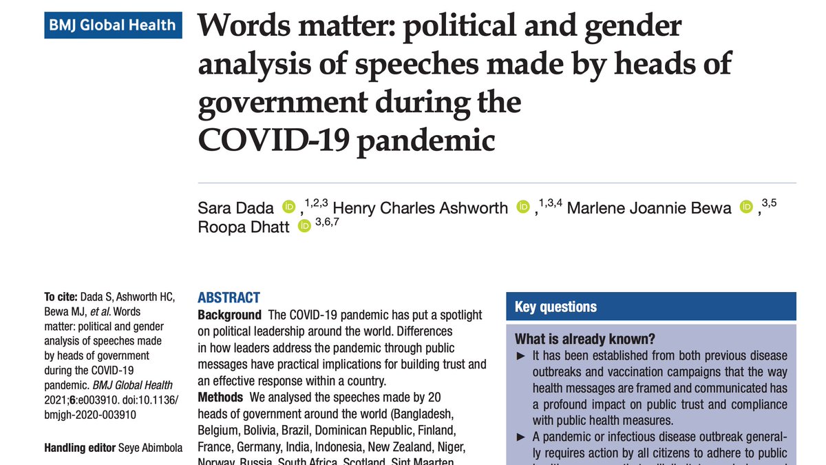 Sara Dada (@dadasara3) on Twitter photo 🗣️ Communication is imperative to #leadership in times of crisis. Our new <a href="/GlobalHealthBMJ/">BMJ Global Health</a> study analyses the different language & priorities of men and women leaders around 🌎 because their #WordsMatter
Read more➡️gh.bmj.com/content/6/1/e0…
#COVID5050 #WomenInGH 🗣️ Communication is imperative to #leadership in times of crisis. Our new <a href="/GlobalHealthBMJ/">BMJ Global Health</a> study analyses the different language & priorities of men and women leaders around 🌎 because their #WordsMatter
Read more➡️gh.bmj.com/content/6/1/e0…
#COVID5050 #WomenInGH