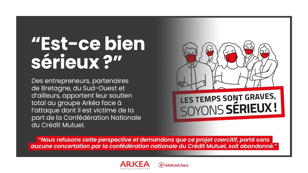 "EST-CE BIEN SÉRIEUX ?"

Entrepreneurs, partenaires (Bretagne, Sud-Ouest) apportent leur soutien total au groupe <a href="/cmarkea/">Crédit Mutuel Arkéa</a> 💪
#ResterLibreIci #WeAreArkea

🗞 A lire : bit.ly/39wdpuS