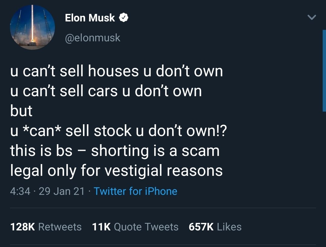 Elon musk antara orang tak suka short selling. Antara orang kaya lain yang support movement ni adalah Chamath, CEO social capital.