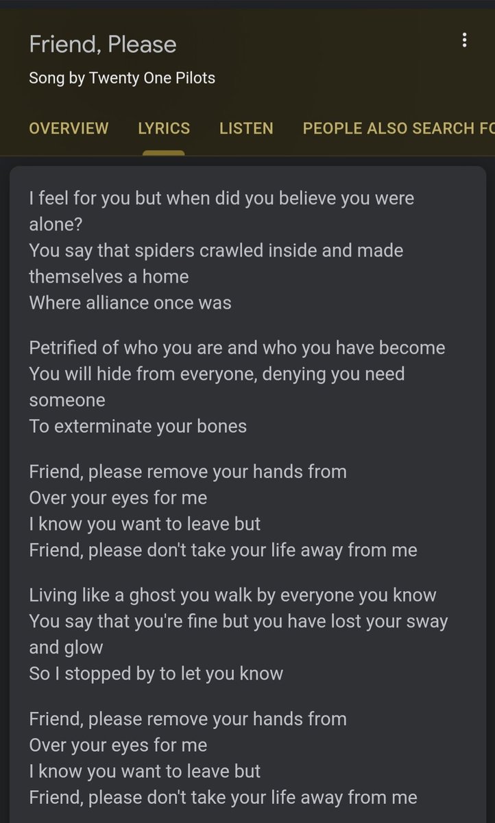 His lyrics. when I felt like I had no one and no one would understand, his lyrics made me feel so incredibly safe and helped me get through each night. even now each night is painful and without his music idk what I would do. he has helped so many people.