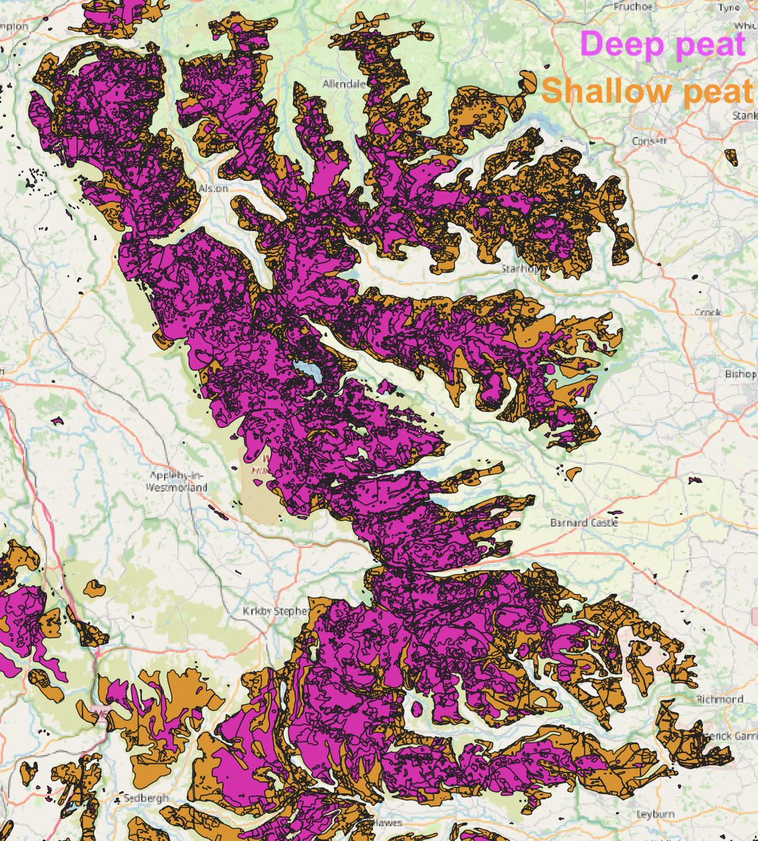 If we look at grouse moors in the North Pennines, Yorkshire Dales, Forest of Bowland, Northumberland and Peak District, we can see that most of them are on areas of deep peat. Here's the North Pennines, for e.g.: (6/10)