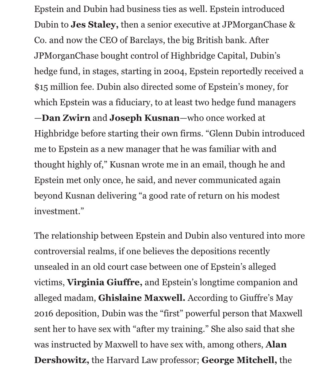 So One of the founders of Robinhood fndtn- Glenn, was not only close to Epstein, but his wife dated him, was Miss Sweden, a model b4 becoming a doctor. What a tangled web they have weaved. https://www.vanityfair.com/news/2019/09/glenn-dubin-epstein-questions