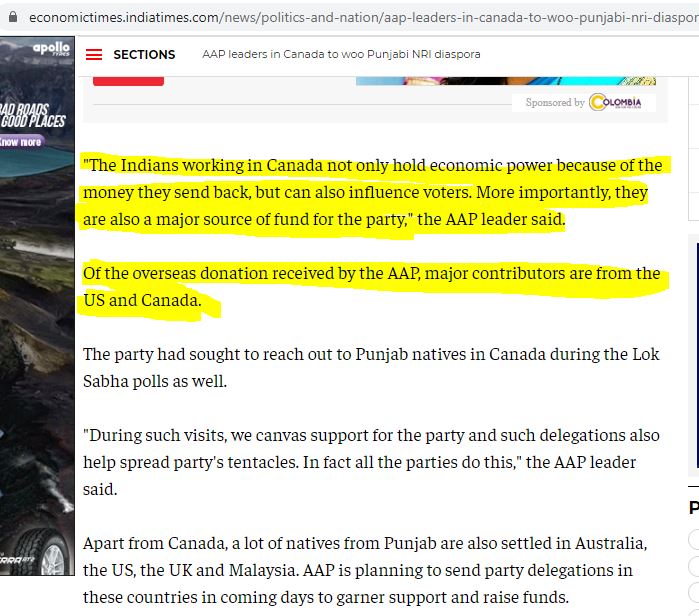 About this trip Ashutosh said that "The Indians working in Canada not only hold economic power because of the money they send back, but can also influence voters. More importantly, they are also a major source of fund for the party"They receive major funds from USA,Canada & UK