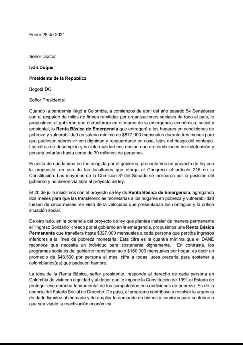 angelamrobledo's tweet photo. La idea de la Renta Básica, responde al derecho de cada persona en 
Colombia de vivir con dignidad. Nuestra carta a @IvanDuque exigiendo #RentaBasicaYa. https://t.co/GvNImX15vx