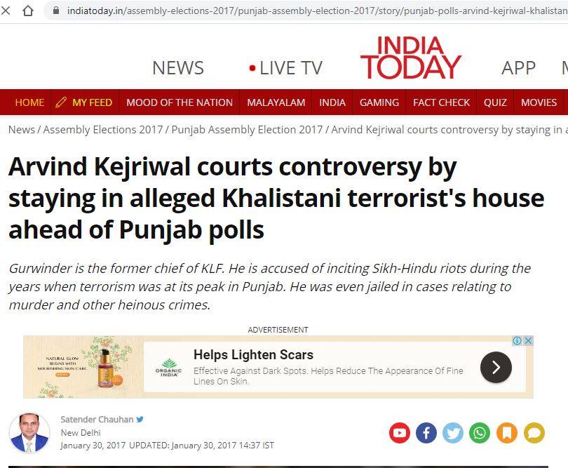 During Election in Punjab Kejariwal stayed in the house of Khalistan Liberation Front (KLF) terrorist Gurwinder Singh.Not only that, terrorists were openly campaigning for AAP in Punjab election.