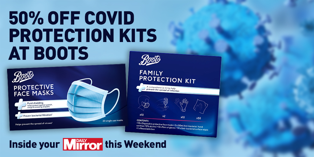 dailymirrorni's tweet photo. Get your 50% OFF vouchers for Boots family protection kits and protective face masks inside your Daily Mirror this Saturday and Sunday. #PPE https://t.co/TgoCJgi9zw