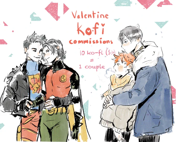Hi! I'm opening up Valentine's Day kofi comms! 

Make sure to include your ship, account name and a link to ur refs ( if it's an oc) in the kofi request. I will be posting them all on feb 14th so try to submit a few days before then! 

?thank you ?

https://t.co/y4lXZpinWe 