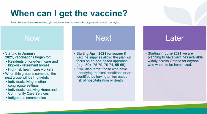 Current vaccine rollout timetable. Mercer notes that she doesn't get to decide who gets the vaccine and when (though she does offer advice to the Provincial government in her capacity).