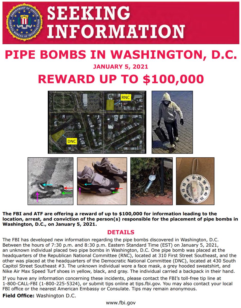 NEW: #FBIWFO releases additional info &amp; images about pipe bombs placed in DC btwn the hours of 7:30 - 8:30 p.m. on Jan. 5. The <a href="/FBI/">FBI</a> &amp; <a href="/ATFWashington/">ATF Washington</a> reward now totals $100K. If you have info call 1800CALLFBI or submit online at tips.fbi.gov. fbi.gov/wanted/seeking…