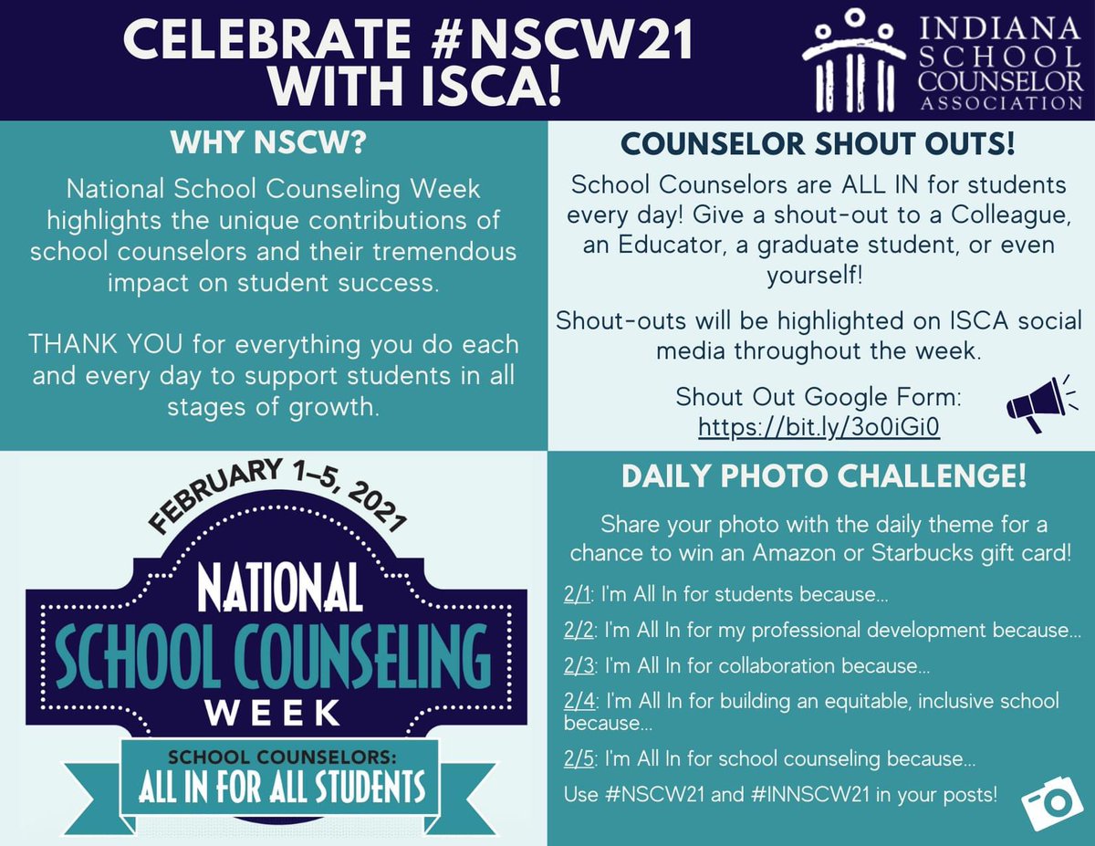 Join us in celebrating National School Counseling Week next week! Follow the daily photo prompts from ASCA for daily prizes! We will post the daily prompt and then you will tag us in your post that day! Saturday we will have a grand winner from the week's participants!