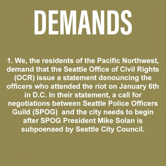 Seattle needs answers about the involvement of Seattle police officers in the insurrection on January 6th.So today, we're asking that Seattleites concerned about police accountability contact the Seattle Office of Civil Rights with the following asks.  #SubpoenaSolan