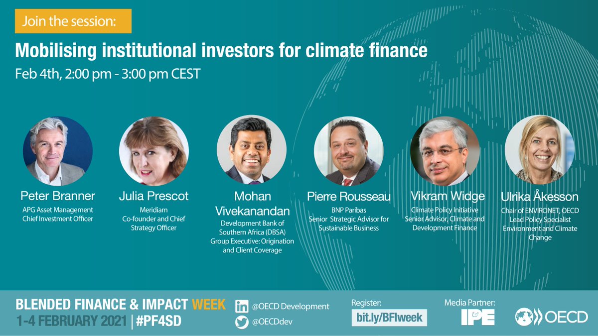 <a href="/OECDdev/">OECD Development</a> #BlendedFinance &amp; Impact Week is 1-4 Feb. LOTS of useful content on evidence and tools to leverage blended finance effectively. CPI's <a href="/VWidge/">Vikram Widge</a> highlights #institutionalinvestor opps for #sustainableinvestment. Register to join the session! 👉👉 bit.ly/BFIweek
