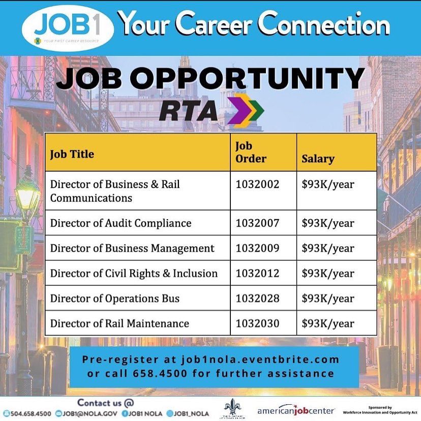mayorcantrell's tweet photo. JOB OPPORTUNITY ALERT 🚨
New Orleans RTA (Regional Transit Authority) is recruiting for multiple positions. @neworleansrta
Connect with JOB1 at https://t.co/W9OkxIQHNT or call 504.658.4500 for more information. #worknola #nolajobs #nola #neworleans #nolacareers #career #jobs https://t.co/smyuOEPEdi