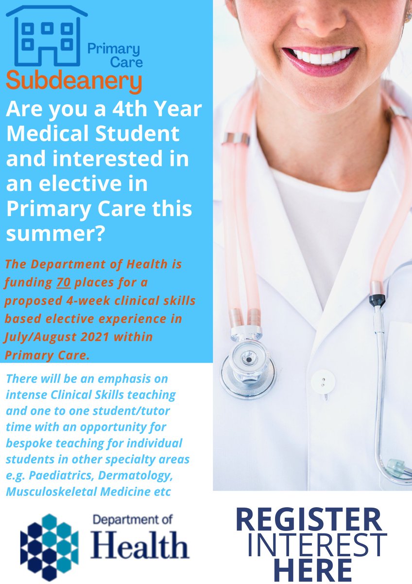Attention 4th Year Medical Students! The Department of Health is funding 70 Primary Care Elective placements this July/Aug 2021 with a focus on intense Clinical Skills training. If you are interested please click here to register subdeanery.easternfsu.com/attention-4th-… <a href="/healthdpt/">Department of Health</a> <a href="/QUBelfast/">Queen's University Belfast 🎓</a>