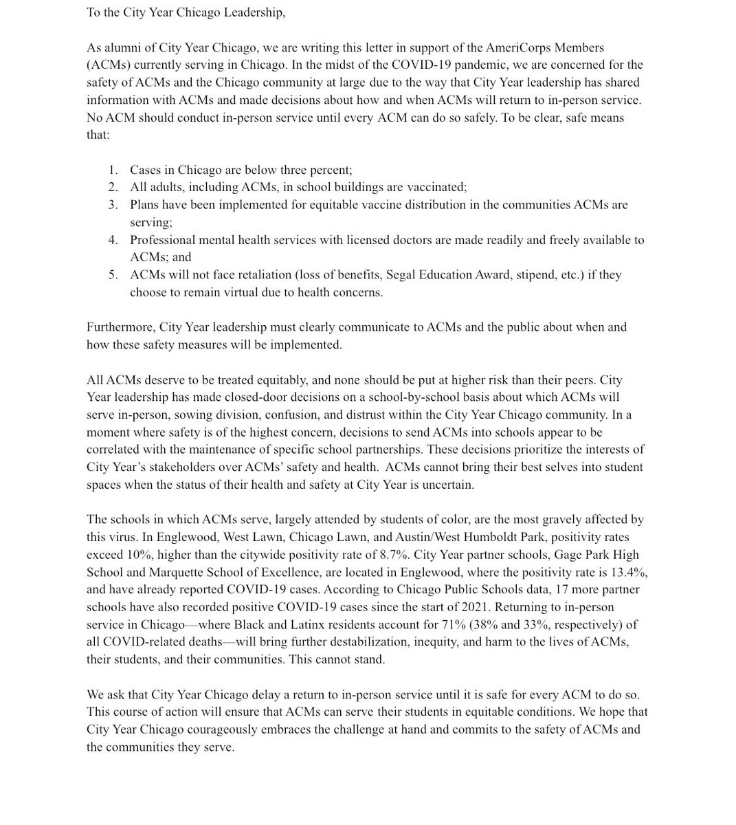 Since we are now at 161 signatures so far and the letter has been sent to leadership.  @CityYearChicago I am SO disappointed in the fact that you are pressuring Corps members who have bare minimum health insurance, and aren’t allowed to take more than 8 (1/?)