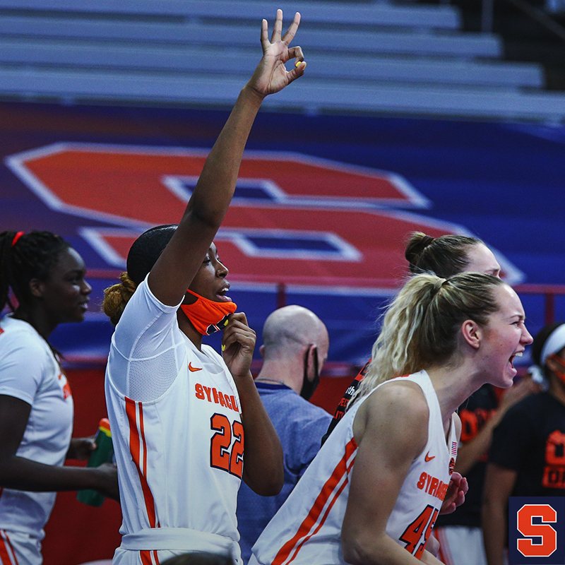 CuseWBB's tweet photo. Top notes from yesterday's win 

🔸 Season-high 17 points for @MaevaDjaldi
🔸 All 9 players scored for Syracuse
🔸 @em__baller 500th rebound, 100th block
🔸 Improved to 5-0 at home