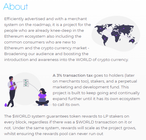  $WORLD -  http://worldtoken.network A simple breakdown on my take on what the project is.  $WORLD sets out to be similar to  $SPI ( http://Shopping.io ) but with  $RFI frictionless yield tokenomicsPresale Link -  https://safu.investments/sale/0 Currently raised 220 / 400  $ETH 1/4