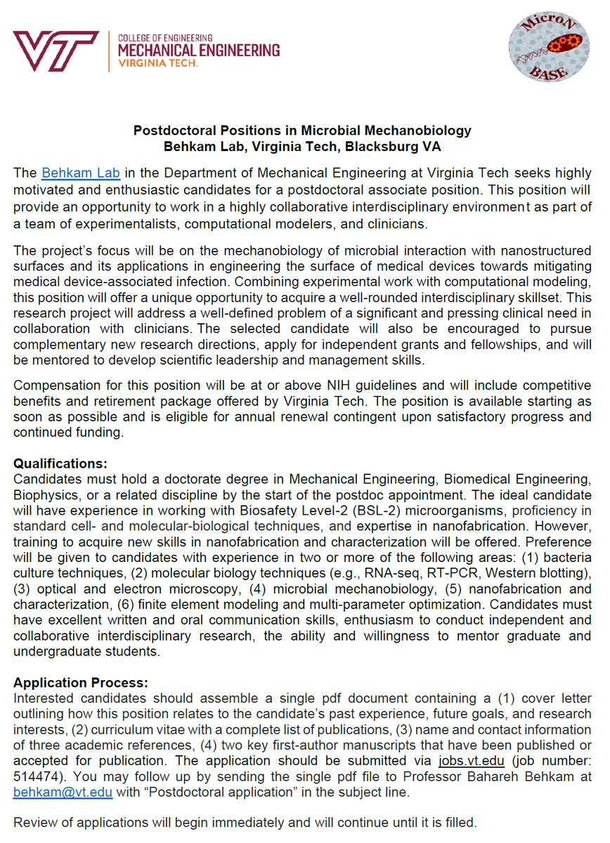 BBehkam's tweet photo. Please RT: The Behkam Lab is recruiting a #postdoc to study the biophysics of bacterial adhesion to nanostructured surfaces towards mitigation of biofilm-associated medical device infection. Application info below 👇. Please share! #biophysics #mechanobiology #postdocjobs https://t.co/XQFgHqOIXD