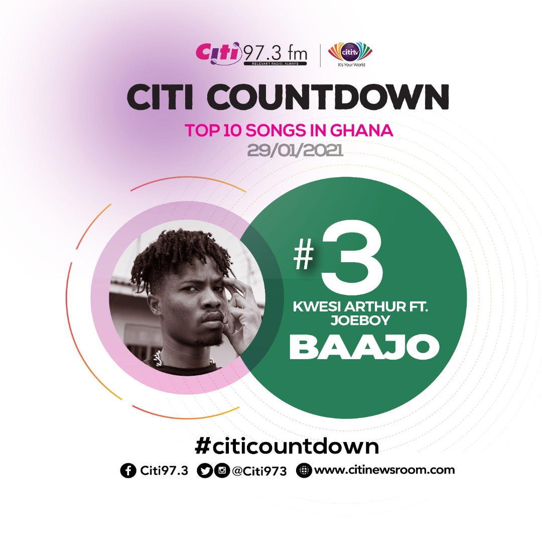 Citi973's tweet image. 'Baajo' from @KWESIARTHUR_ and @joeboyofficial is at Number 3 on the #CitiCountdown