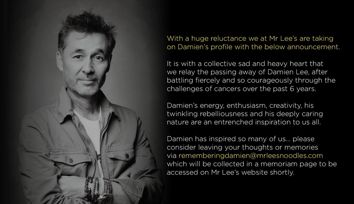 Damien King Lee (@damienleelee) on Twitter photo It is with a collective sad and heavy heart that we, the Mr Lee’s Family, relay the passing away of our founder Damien, after battling fiercely through the challenges of cancers over the past 6 years. Please consider leaving your memories via RememberingDamien@mrleesnoodles.com It is with a collective sad and heavy heart that we, the Mr Lee’s Family, relay the passing away of our founder Damien, after battling fiercely through the challenges of cancers over the past 6 years. Please consider leaving your memories via RememberingDamien@mrleesnoodles.com