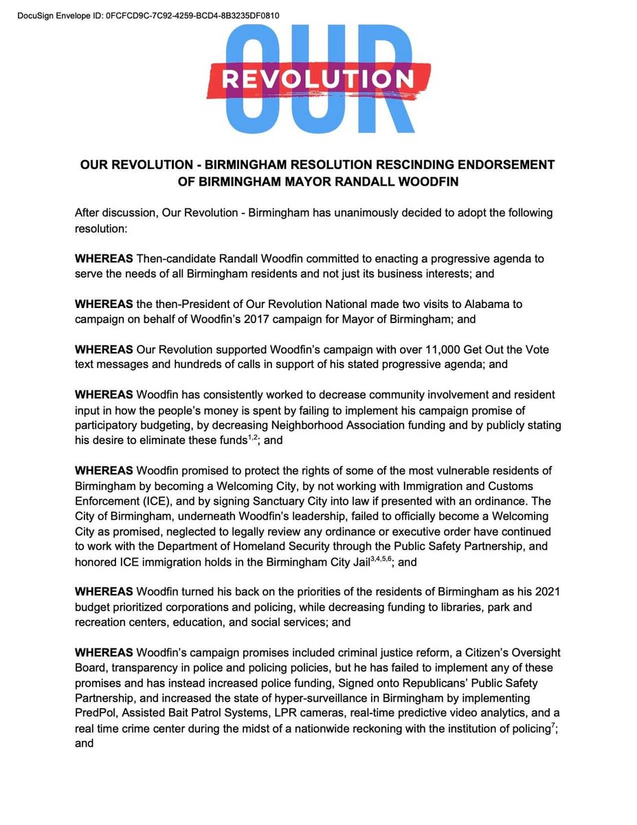 julia_s_juarez's tweet photo. @OurRevolution - Bham Rescinds Endorsement of Mayor @randallwoodfin
Our Rev -Bham will always be committed to #PuttingPeopleFirst! We work hard to elect “progressive” candidates. We work just as hard in holding them accountable for their actions.
#alpolitics
#BhamPolitics https://t.co/pbcHypz1UL