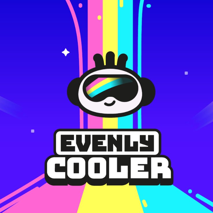 Evenly Cooler black/white text logo on navy, light blue, yellow and pink 'rainbow' background. Centered above this is a cartoon face, reflecting the colours in its goggles/shades. 