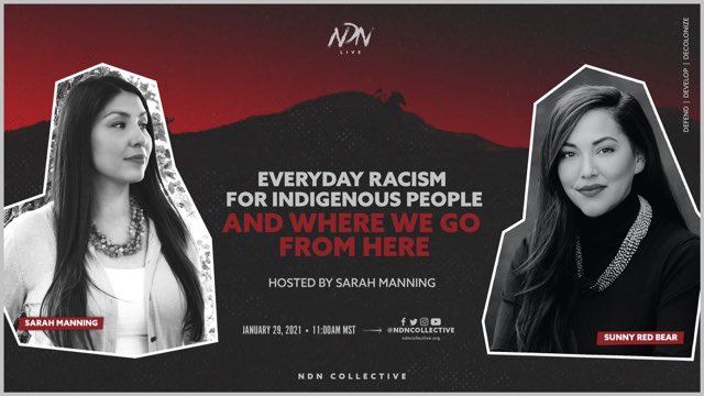 ndncollective's tweet image. Indigenous ppl experience racism daily in our own lands, &amp;amp; this often flies under the radar. 

Join us on #NDNLive TODAY @ 11a MST in a conversation w/Sunny Red Bear, NDNs Dir of Racial Equity &amp;amp; Sarah Sunshine Manning, NDNs Dir of Comms.

#RacialEquity #DefendDevelopDecolonize