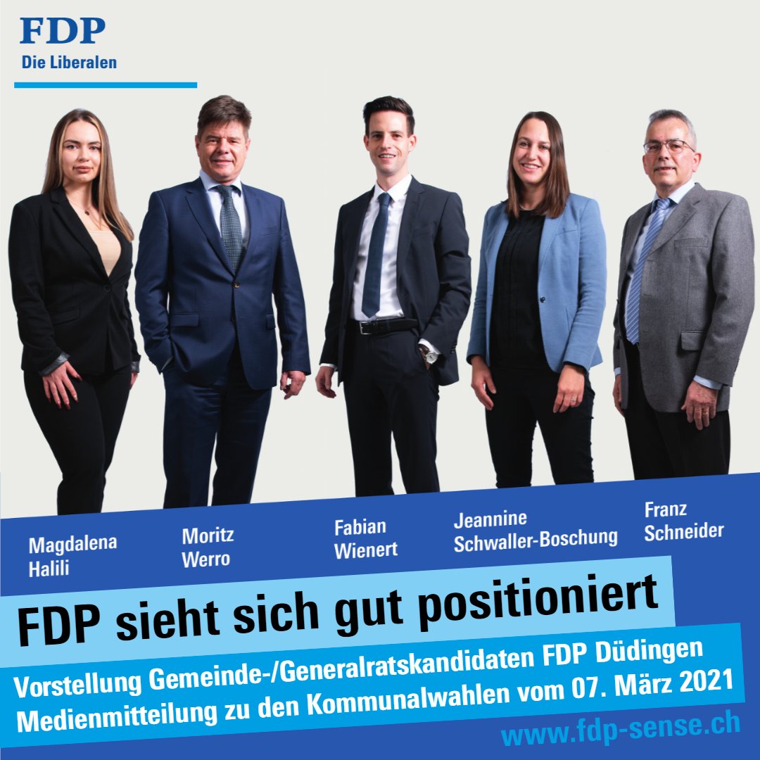 FdpSense's tweet photo. Die FDP Düdingen stellt ihre KandidatInnen für die kommunalen Wahlen vom 07. März 2021 vor. Die Medienmitteilung und alle Kandidaten im Überblick findet ihr auf https://t.co/Xp2RWzRd8X
#fdpsense #wahlen21 #generalrat #duedingen https://t.co/gzWl8XsxlC