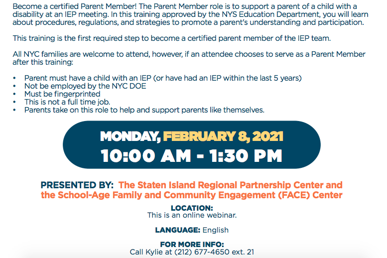 Become a certified Parent Member! Parent Member training provided by Staten Island RPC &amp; <a href="/INCLUDEnyc/">INCLUDEnyc</a> Register today: bit.ly/2M5H5FT <a href="/SIFPTA/">Staten Island Federation of PTAs</a> <a href="/SIParent/">Staten Island Parent</a>