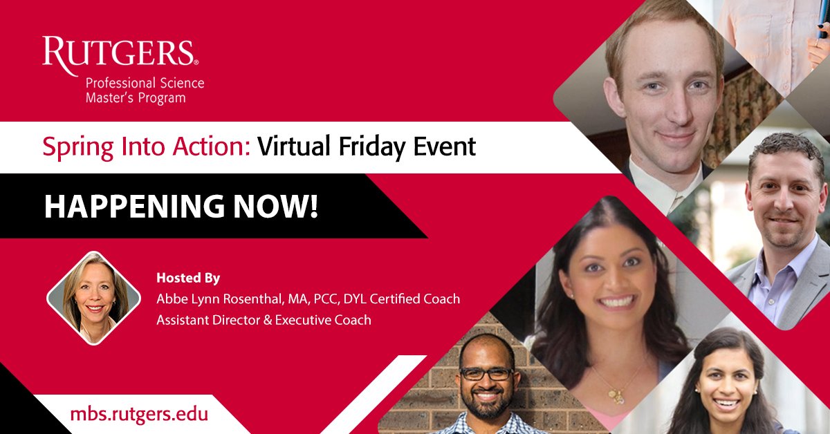 Rutgers_PSM's tweet photo. Happening Now! Spring Into Action Virtual Friday hosted by Abbe Lynn Rosenthal. During this networking event staff, students, and alumni will able to network, ask questions, and engage in an interactive virtual exercise. #virtuallearning #mbs #Rutgers #virtualfriday https://t.co/T7VtKXZzqk