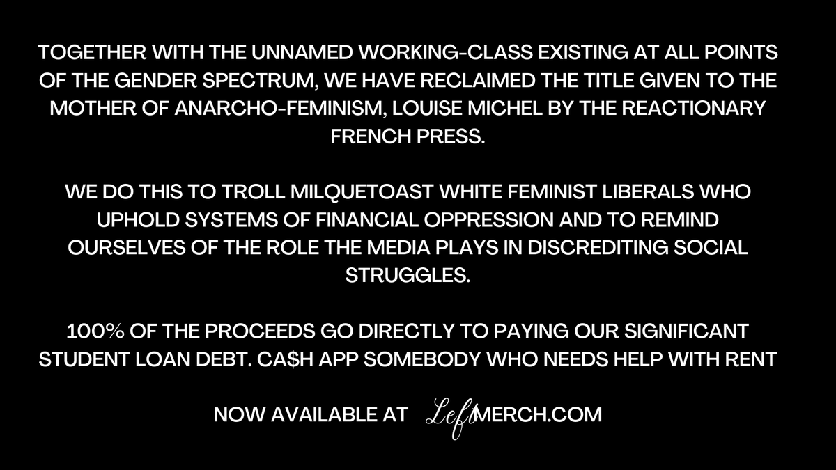 LeftMerch's tweet photo. We're beyond excited and honoured to launch our "Queen of the Scum" collection in response to @madamepremier's collaboration with the unbelievable @tamarataggart! 

It embraces the title given to the founder of anarcho-feminism by the reactionary press. https://t.co/MjJ01RYIpy https://t.co/ALaNWOGWlN
