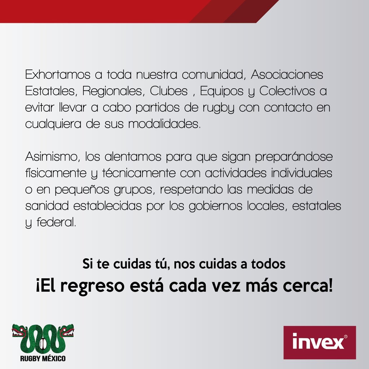 Rugby_Mexico's tweet photo. Sabemos que extrañan las canchas y nosotros los extrañamos a ustedes, desgraciadamente seguimos en situaciones no aptas para regresar al juego, es tiempo de cuidarnos.

#covid_19 #quedateencasa #entrenaencasa #Rugby #RugbyMéxico #YoGanoConINVEX #INVEXtarjetas https://t.co/mWEgOwMTlt
