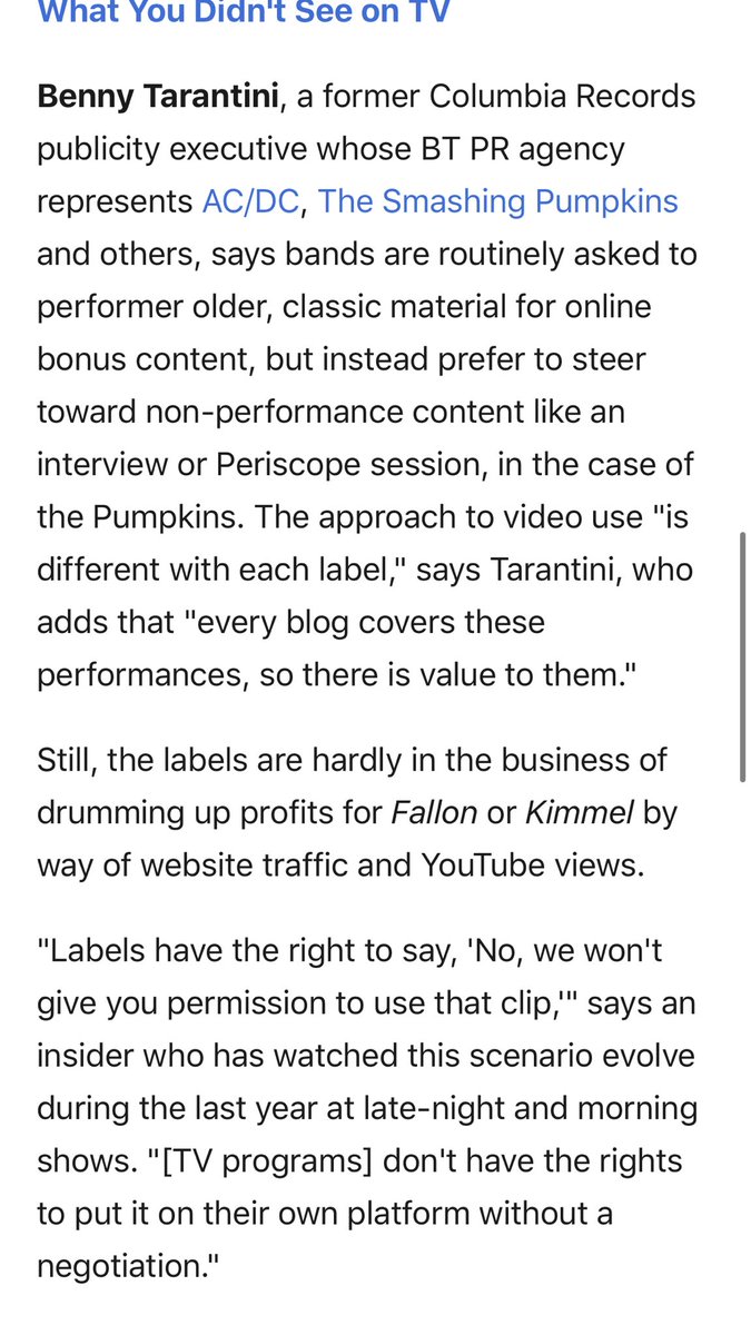 Late Night Shows performances and who has the say on letting the performances stay on their YT channel etc  https://www.billboard.com/articles/business/6531417/the-looming-war-between-the-major-labels-late-night-talk-shows