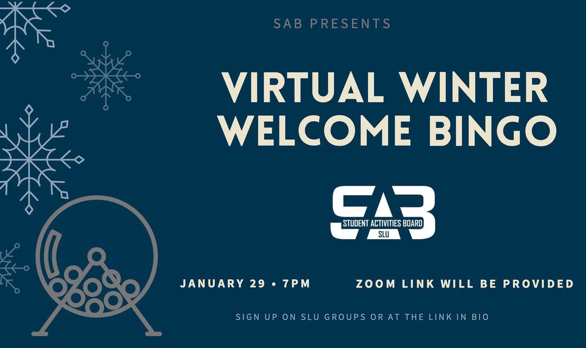 SLUInvolvement's tweet image. Welcome back Billikens! Join us tonight (Friday) 1/29 7 pm for SAB hosted Bingo! This year&apos;s Winter Welcome Bingo features comedian Jeff Sheen. Great prizes range from a Keurig to SLU gear, so compete with your friends virtually! Register on SLU Groups to get the link!