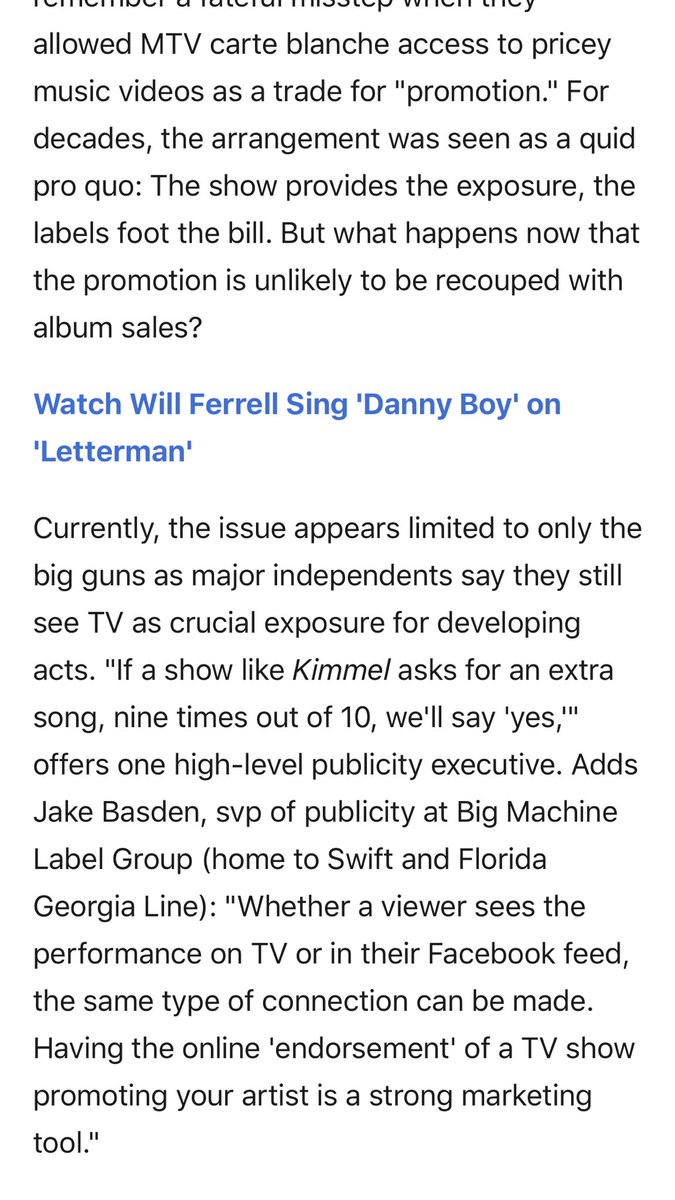 Late Night Shows performances and who has the say on letting the performances stay on their YT channel etc  https://www.billboard.com/articles/business/6531417/the-looming-war-between-the-major-labels-late-night-talk-shows