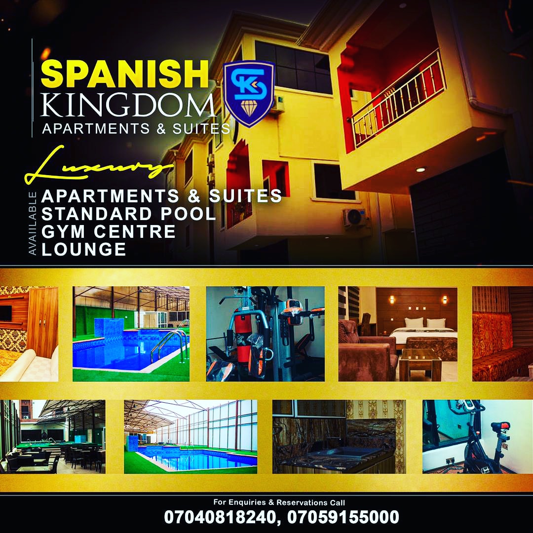 Spanish Kingdom Apartments &amp; Suites,
No.6 Spanish Kingdom Avenue, off onitsha Road, Owerri.
Serviced Apartments, Luxury Suites Exclusive Lounge, VIP &amp; Bar Restaurant, Air-conditioned Conference room, Swimming pool and gym, &amp; lots more ..
Caravan #NYC Nairobi Cartagena Noida #nysc