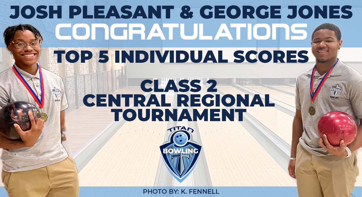 Congrats to Josh Pleasant and George Jones for their top 5 individual performances yesterday!  The team will be participating in the state championships next week at Fannin Lanes. #TitanBowling