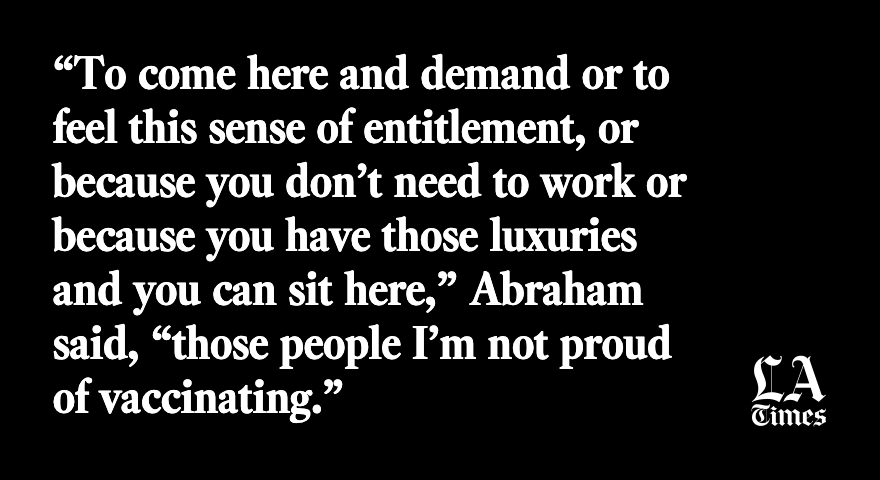 In some ways, Abraham’s motivation comes back to the under-65 crowd of vaccine chasers whom he scowls at on the sidewalk every day. Missing the mark on vaccine equity means having to summon one of them from a beach chair. https://www.latimes.com/california/story/2021-01-29/coronavirus-covid-vaccine-equity-hospital-south-los-angeles-kedren-health