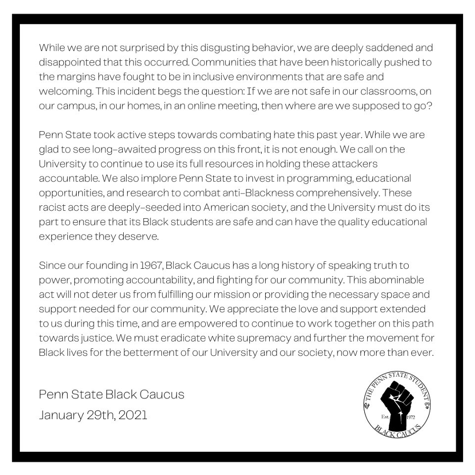 PSUblackcaucus's tweet photo. An Open Letter to the Penn State Community https://t.co/l3AQWTJYe8