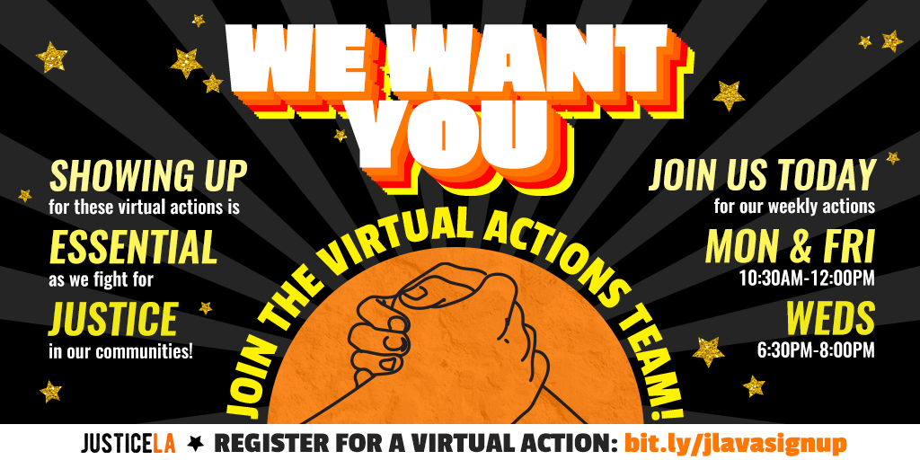 JusticeLANow's tweet image. 📢 JOIN US EVERY MON/WED/FRI FOR JUSTICELA VIRTUAL ACTIONS!

‼️ Mondays &amp;amp; Fridays 10:30AM-12PM + Wednesdays 6:30PM-8PM ‼️

Showing up for these virtual actions is ESSENTIAL as we fight for justice in our communities! 

➡️ Register here: bit.ly/jlavasignup

💫SEE YOU THERE!💫