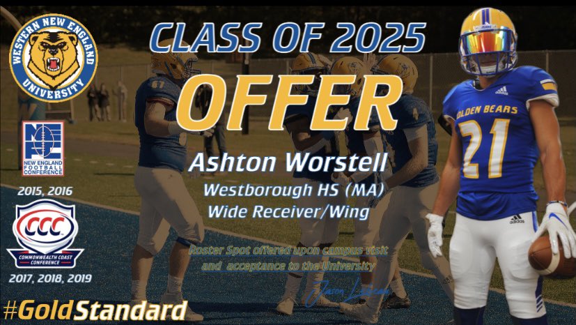 After a great conversation with <a href="/Coach_Lebeau/">Jason Lebeau</a>, I’m excited to say I’ve received an offer from <a href="/WNEFB/">WNE Football</a> 🐻 #GBears #RingSzn
