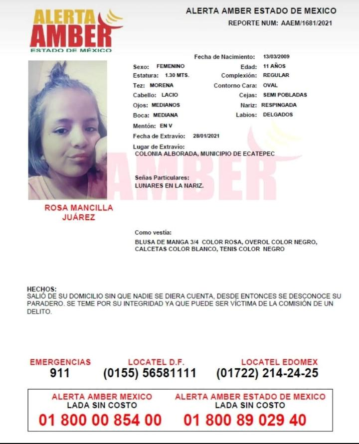 #AlertaAmber #Edomex
Rosa Mancilla Juárez
11años #Desap 28/01/21
#Ecatepec #Edomex  #úneteRT #SiLaVesREPORTA <a href="/Ecatepec_Alerta/">Ecatepec Alerta</a> <a href="/Julia_H_R/">Julia Ecatepec</a> <a href="/Alerta_Ecatepec/">Denuncia Ecatepec</a> <a href="/azucenacisneros/">Azucena Cisneros</a> <a href="/FerVilchisMx/">Fernando Vilchis</a> <a href="/C5Edomex/">C5 Estado de México</a> <a href="/supremo_mujer/">Supremo Mujer</a> <a href="/RedefemEdomex/">RedeFem EdoMex</a> <a href="/gina_serrano/">Gina Serrano</a> <a href="/sangrederebelde/">🇲🇽 Colectivo De Búsqueda SangreDeRebelde🇲🇽</a> <a href="/AngelaCedeno_PI/">Missing Angels Org</a> <a href="/SIW_12/">🇲🇽 Servicios Warrior 🇲🇽</a>