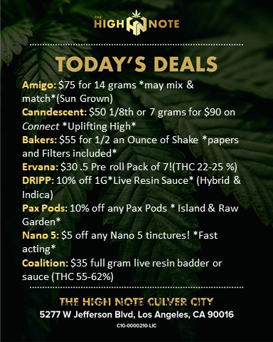 TheHighNoteCA's tweet photo. Weekend Deals are here! Stock up on @Amigocannabis @CANNDESCENT @ErvanaCraft @pax @coalition_co Bakers, Dripp Extracts, Nano5, Good Flower, and more!

#DailyDeals #EastLA #CulverCity https://t.co/Dkf1Amq6Rh