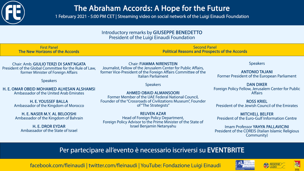 fleinaudi's tweet photo. GLI ACCORDI DI ABRAMO
Il convegno #FLE alla presenza di
@GiulioTerzi @UAEembassyrome @Amb_Marocco @ItalyinBahrain @AmbEydar @NirensteinF #Almansoori @ReuvenAzar @Antonio_Tajani @DanDiker84 @JCEintheUAE #Pallavicini #COREIS
Iscriviti👇
https://t.co/a1HDrc7HbW https://t.co/iAOmEvMj3t
